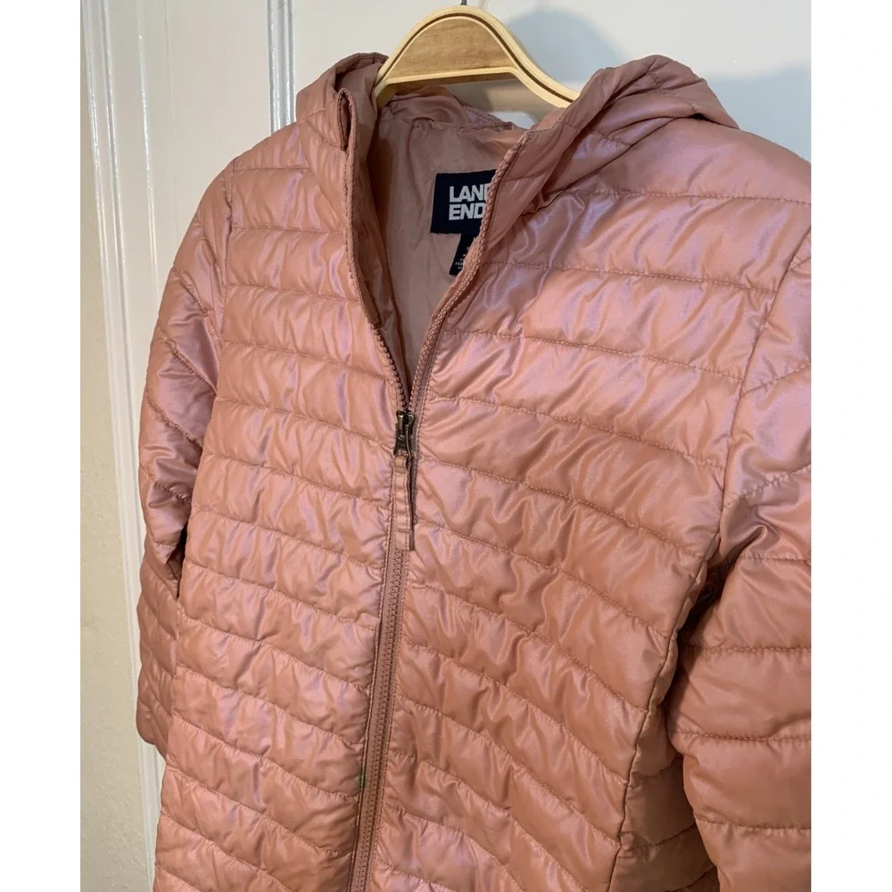 Lands‎ End Kids Girl Puffer Jacket Pastel Pink Zip Hooded Lightweight L/10-12